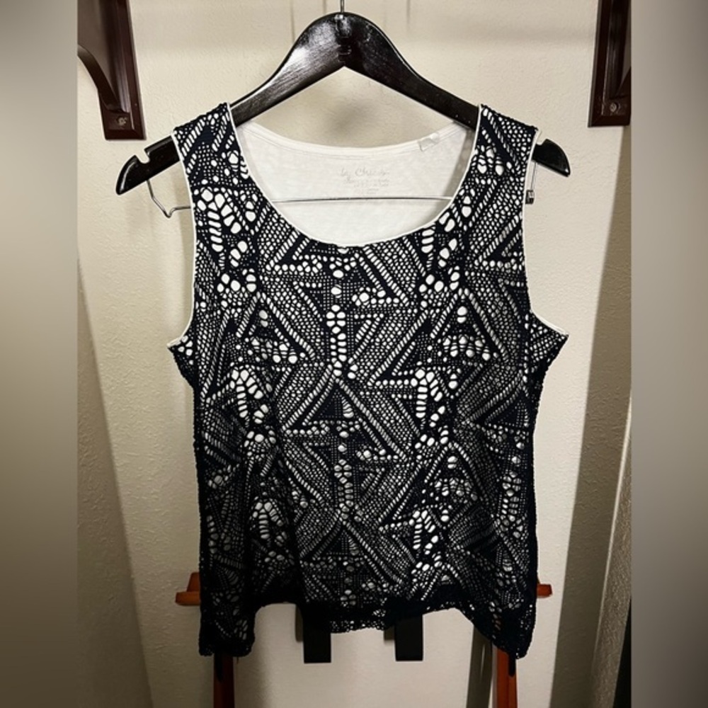 Chico's White Tank with Midnight Blue Lace/Crochet Overlay Size 2 Large
